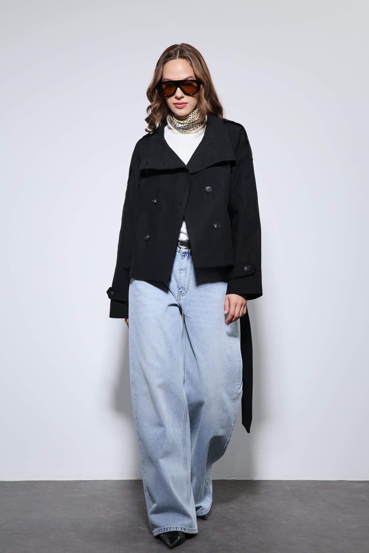 Antioch Siyah Dik Yaka Kruvaze Trençkot