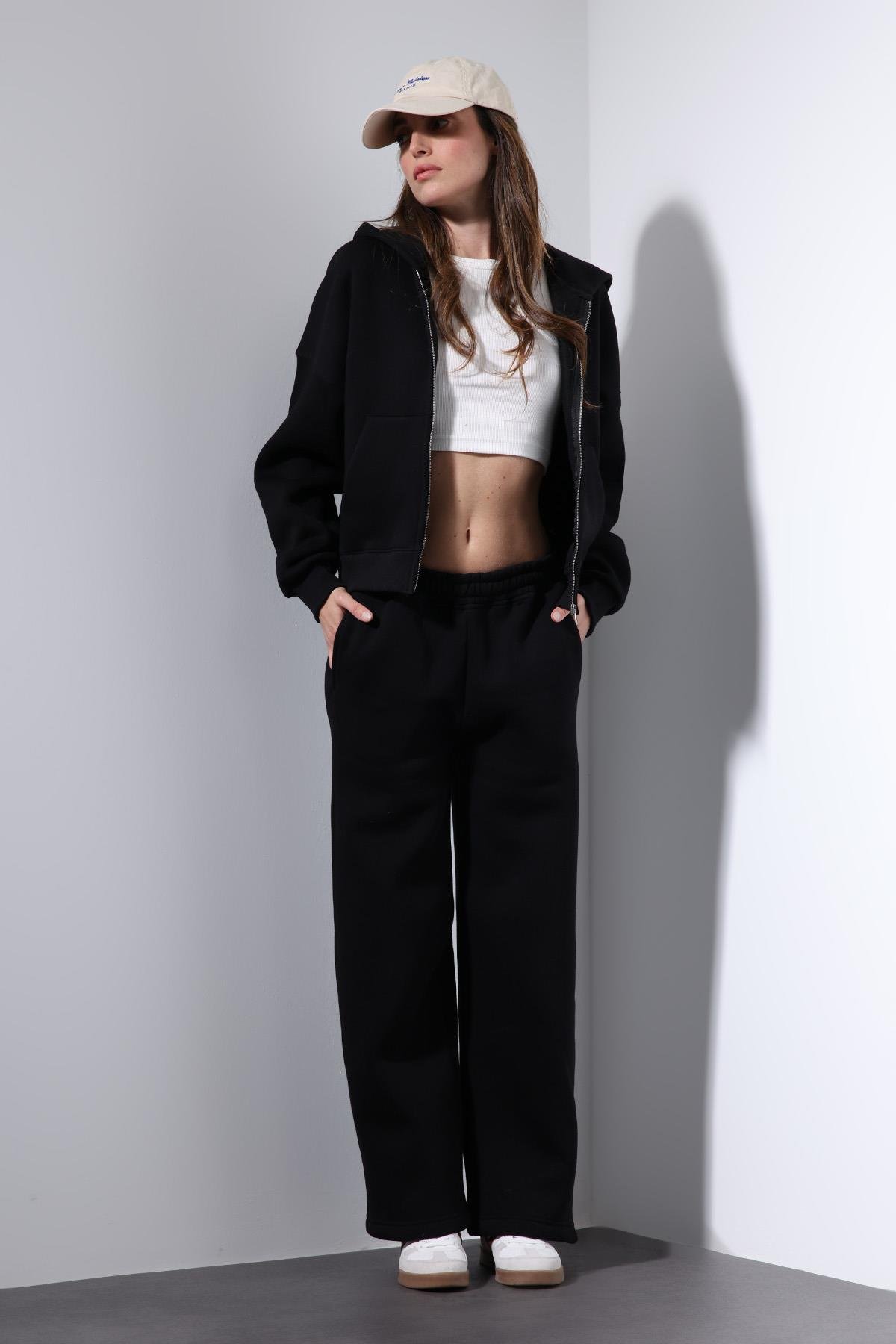 Antioch Siyah Fermuarlı Kapüşanlı Kadın Sweatshirt