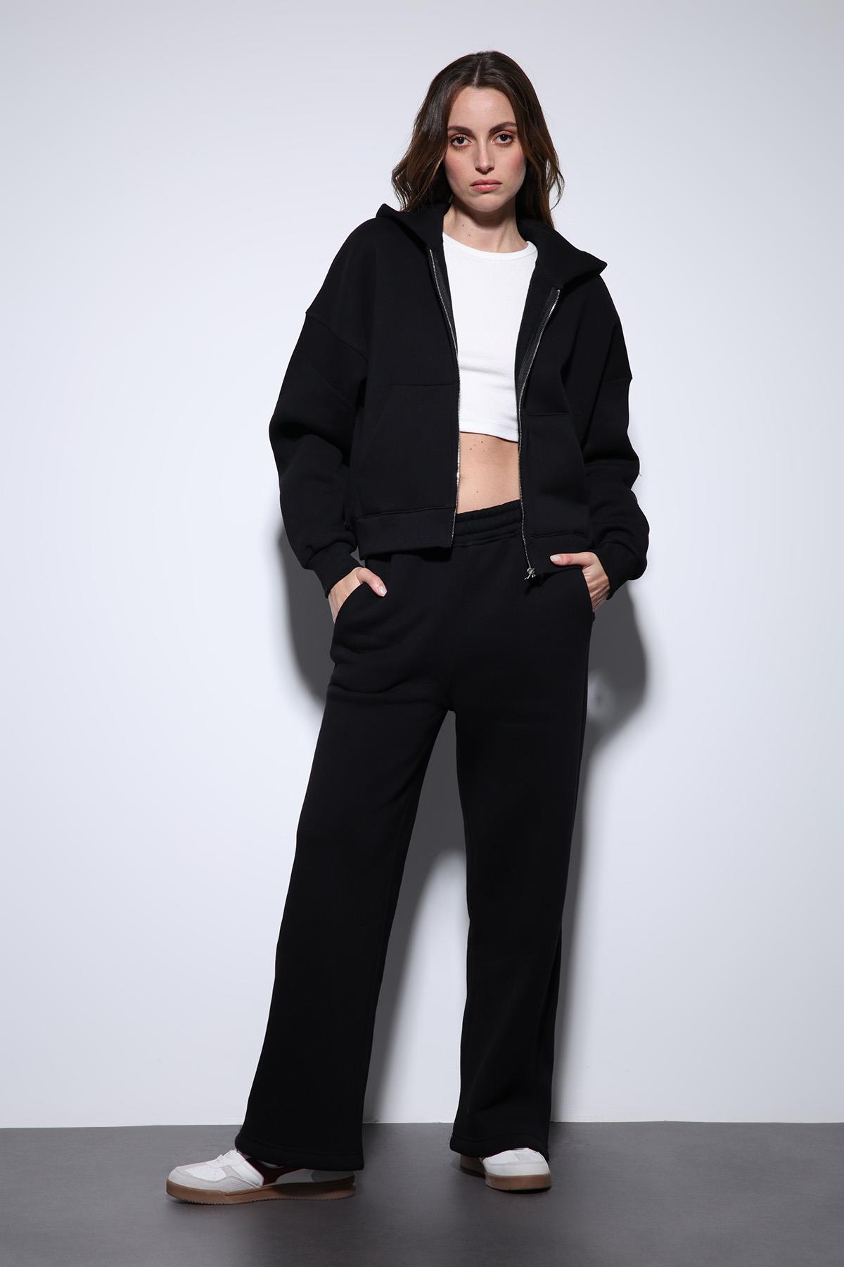 Antioch Siyah Fermuarlı Kapüşanlı Kadın Sweatshirt