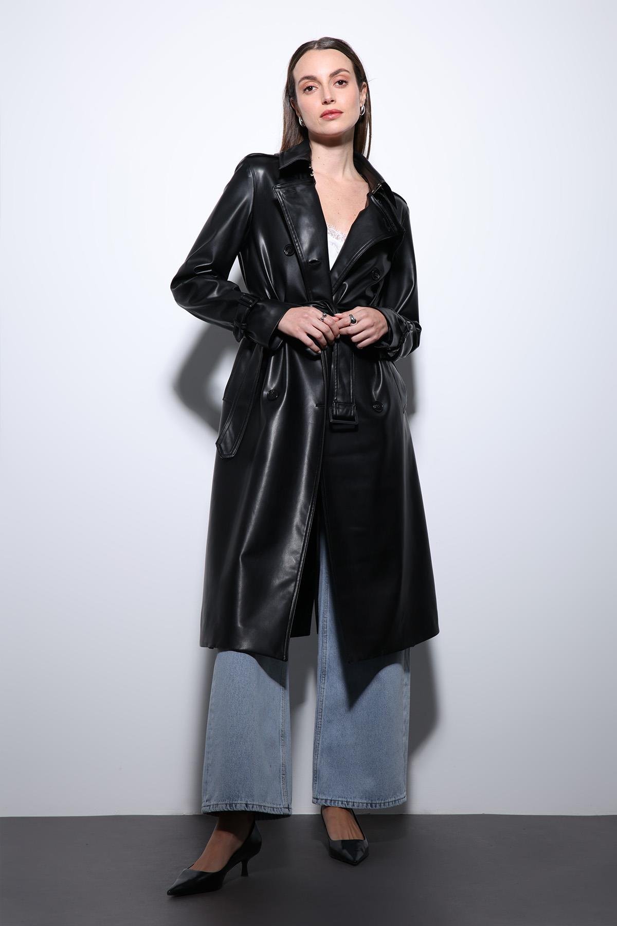 Antioch Siyah Kadın Suni Deri Kemerli Trençkot