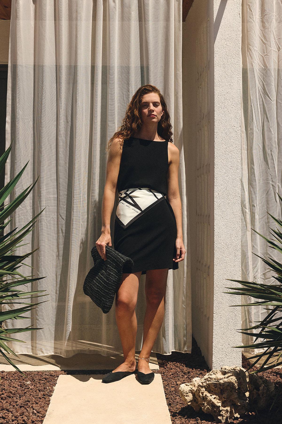 Antioch Siyah Keten Karışımlı Kadın Mini Elbise