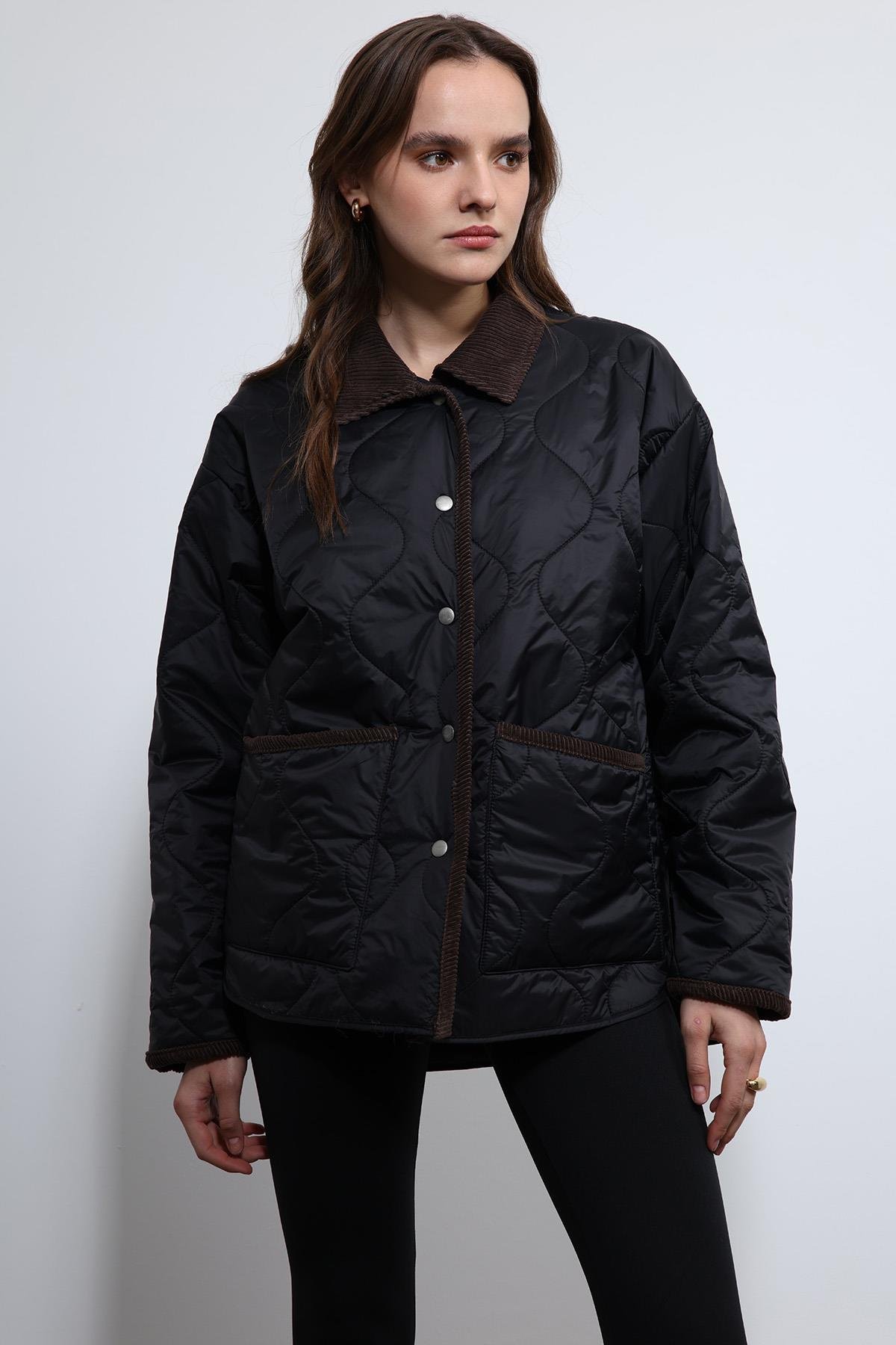 Antioch Siyah Kontrast Yaka Desenli Mont