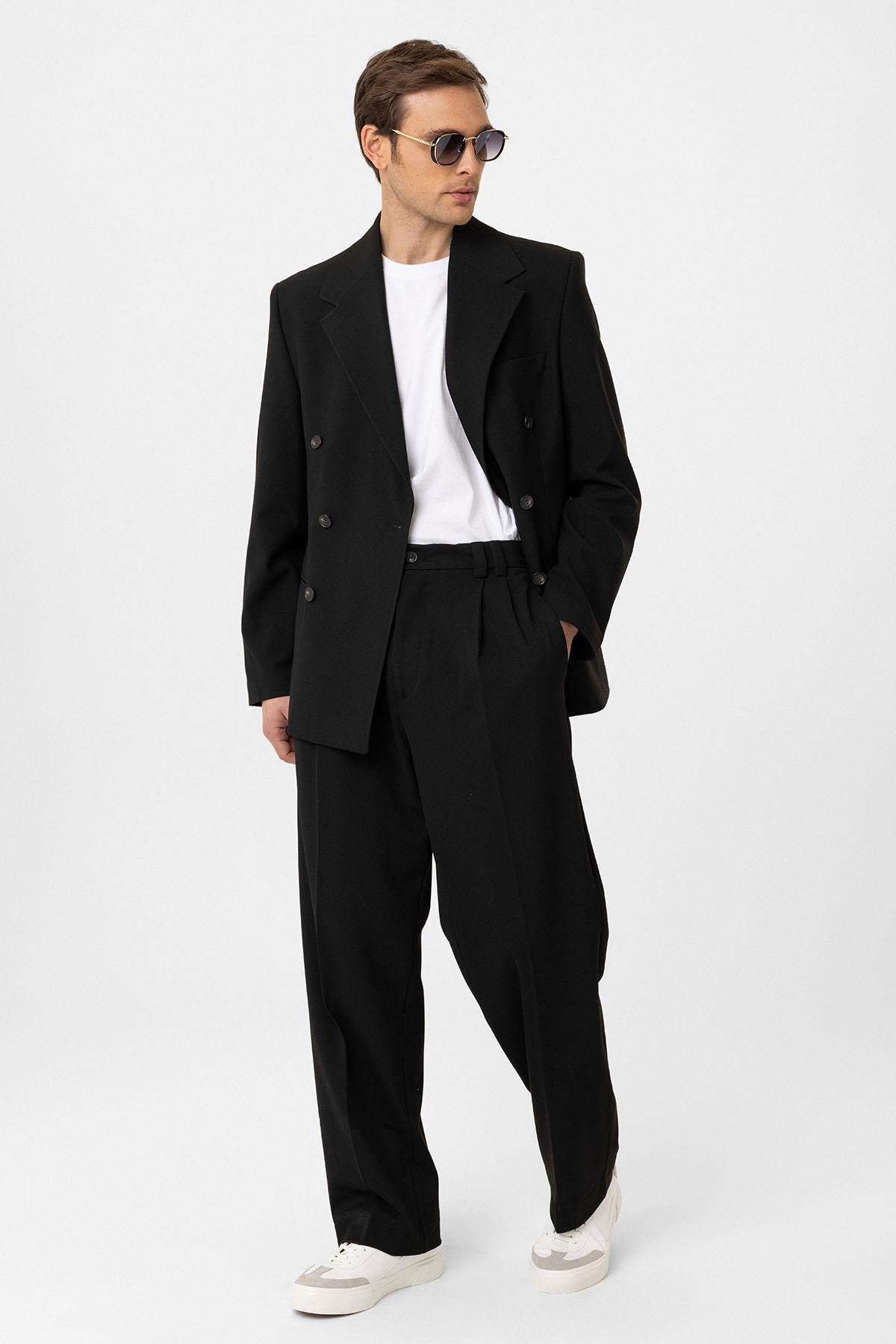 Antioch Siyah Relax Fit Kruvaze Erkek Blazer Ceket