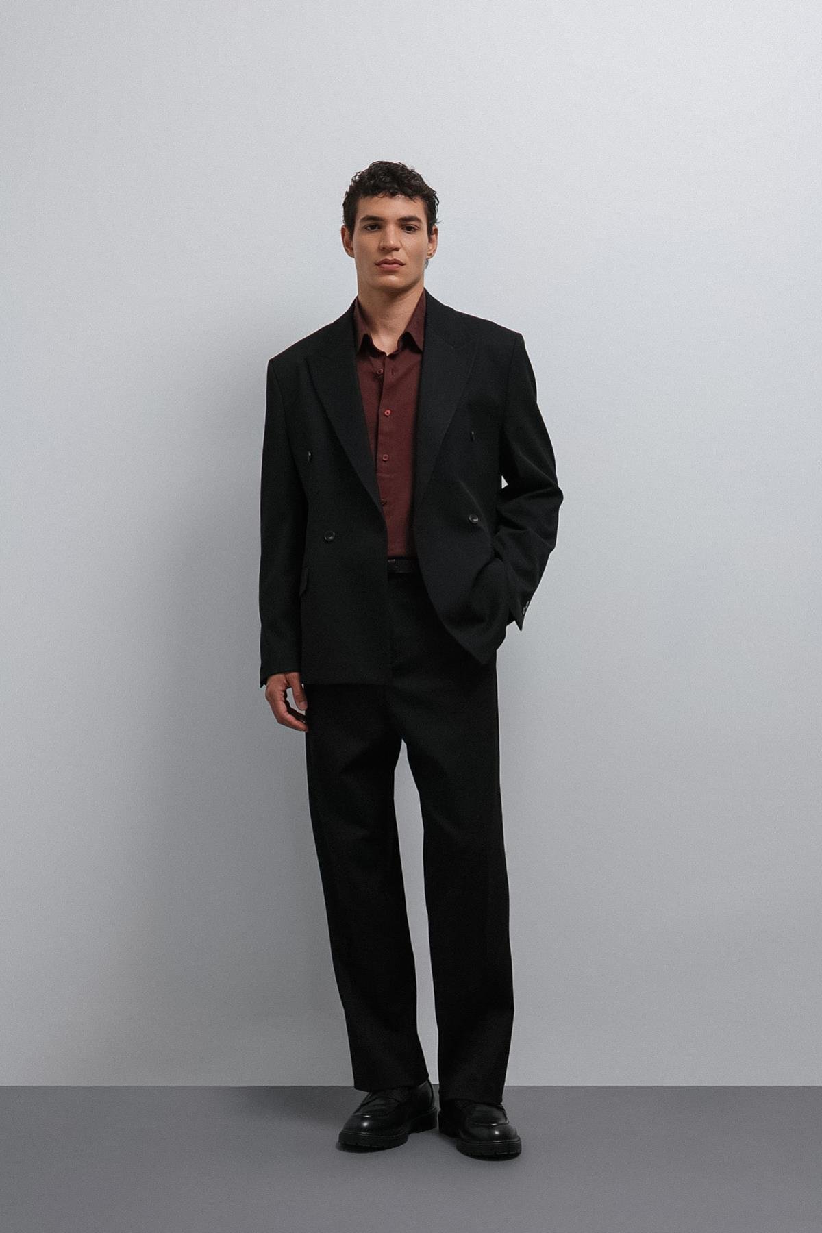 Antioch Siyah Relax Fit Kruvaze Erkek Blazer Ceket