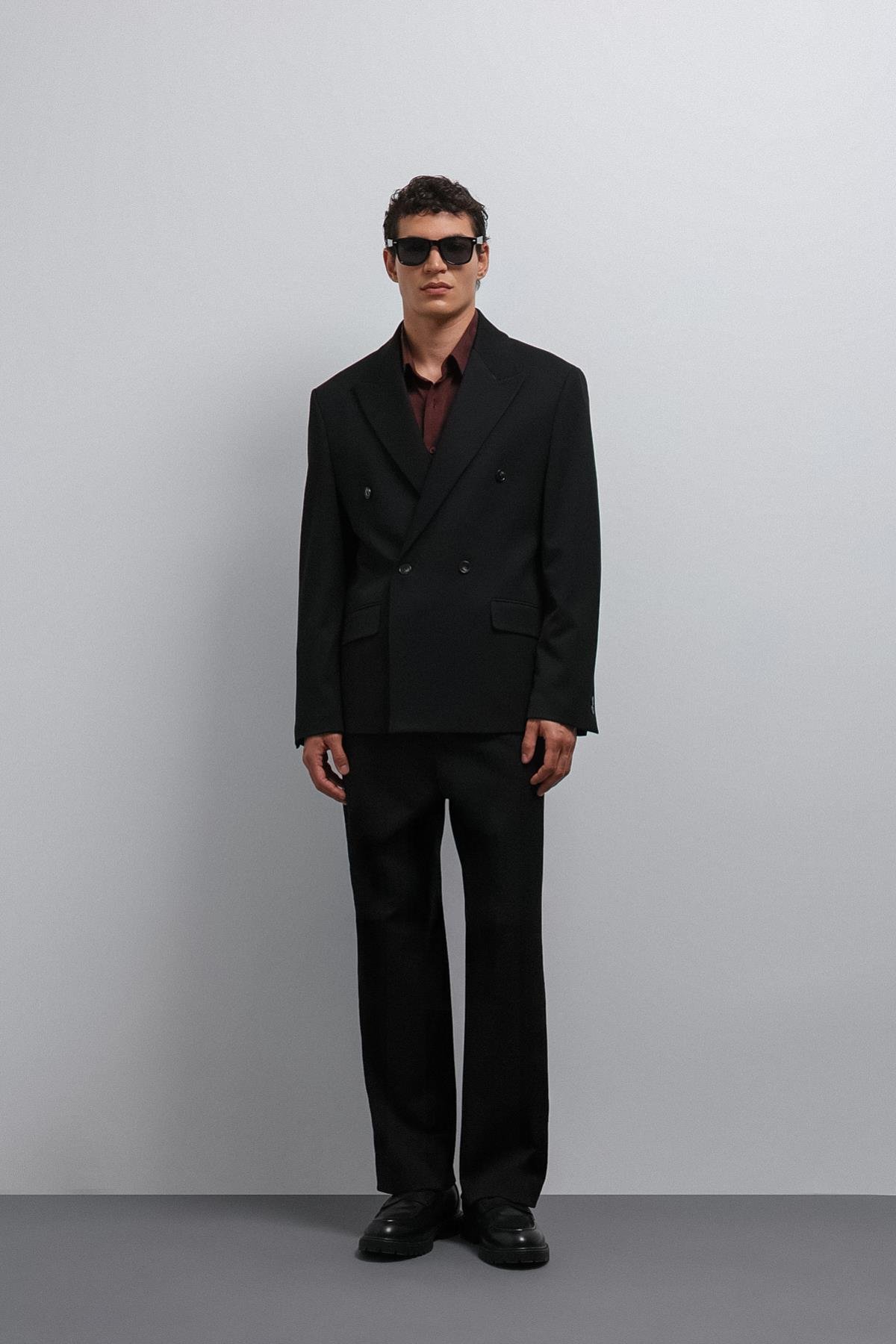 Antioch Siyah Relax Fit Kruvaze Erkek Blazer Ceket