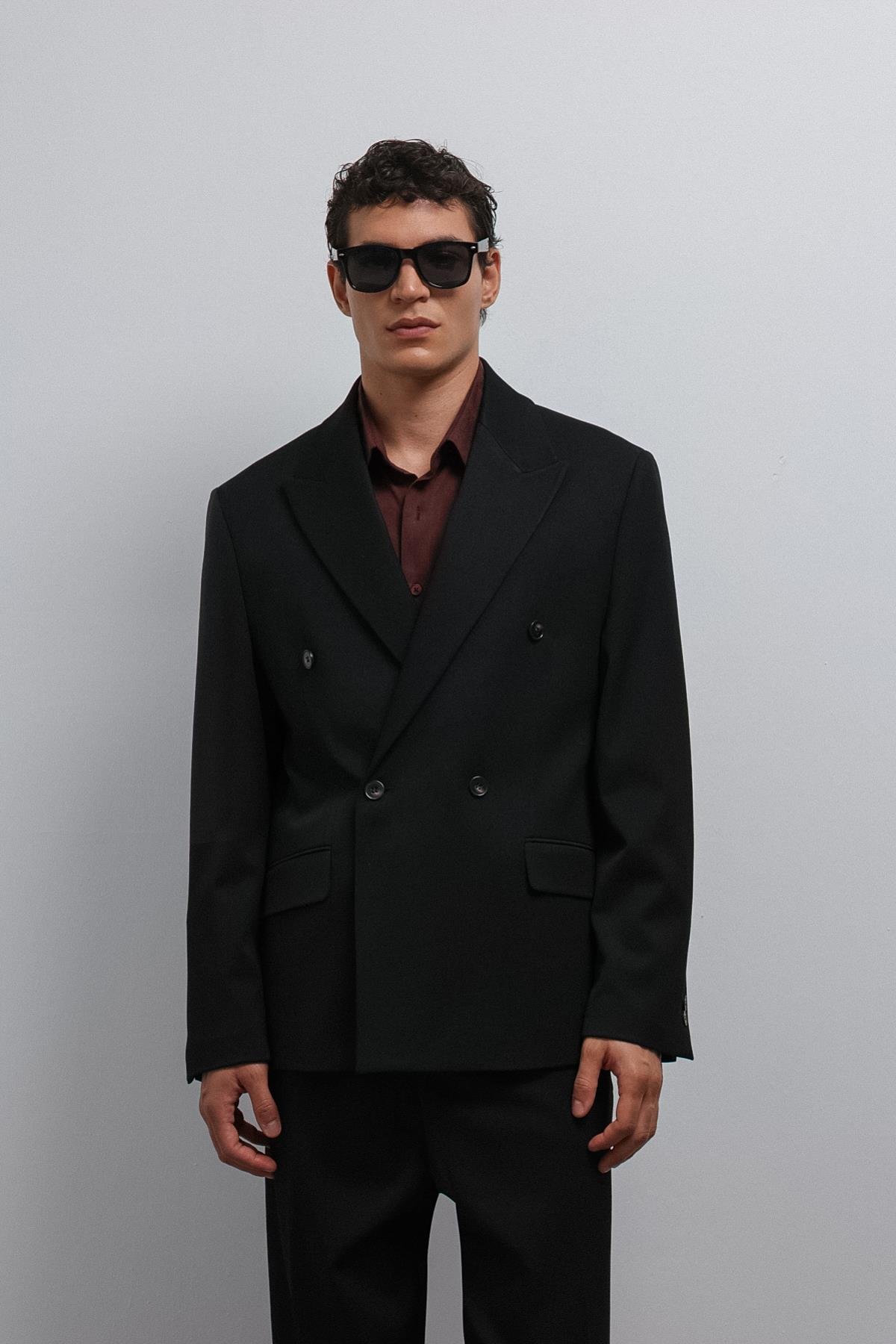 Antioch Siyah Relax Fit Kruvaze Erkek Blazer Ceket