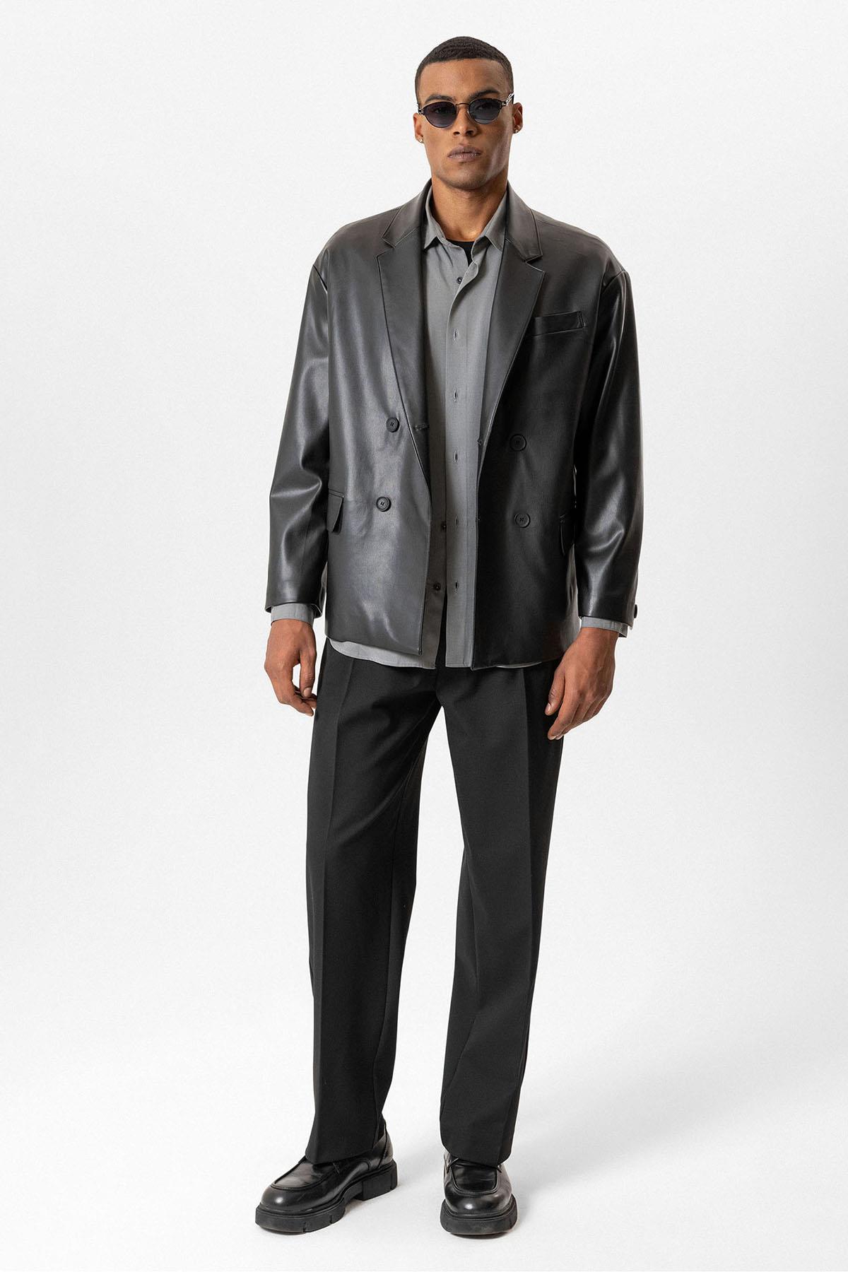 Antioch Siyah Suni Deri Kruvaze Erkek Ceket