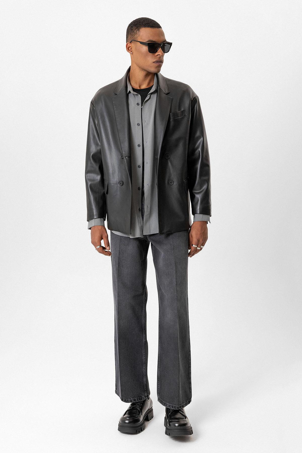 Antioch Siyah Suni Deri Kruvaze Erkek Ceket