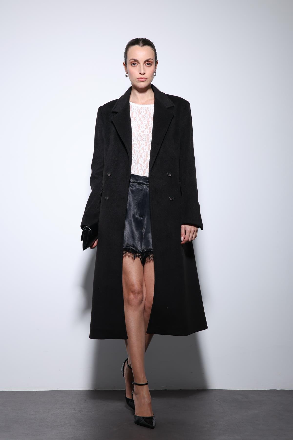 Antioch Siyah Yün Karışımlı Kruvaze Kadın Kaban