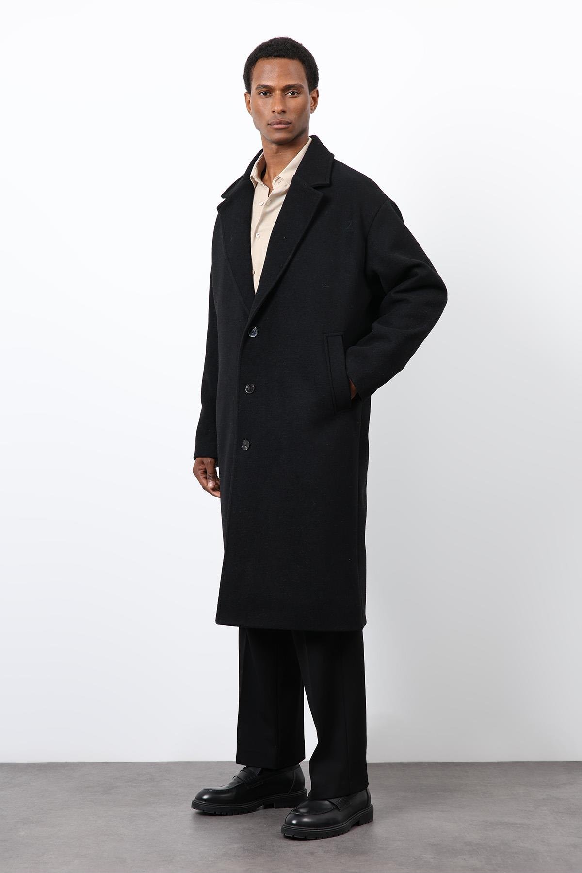 Antioch Siyah Yün Karışımlı Oversize Erkek Kaban