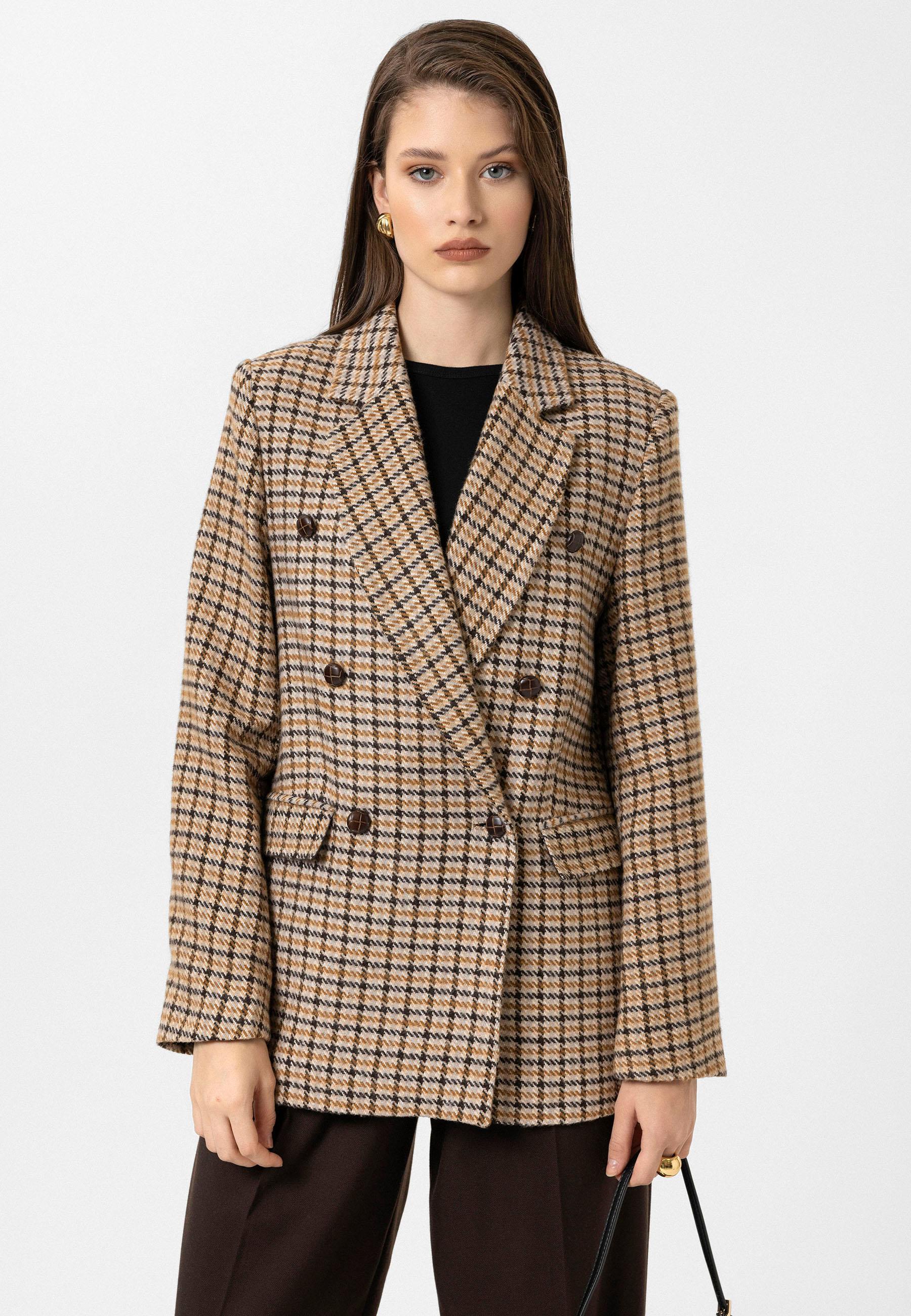 Antioch Taba Kadın Kazayağı Desenli Blazer Ceket