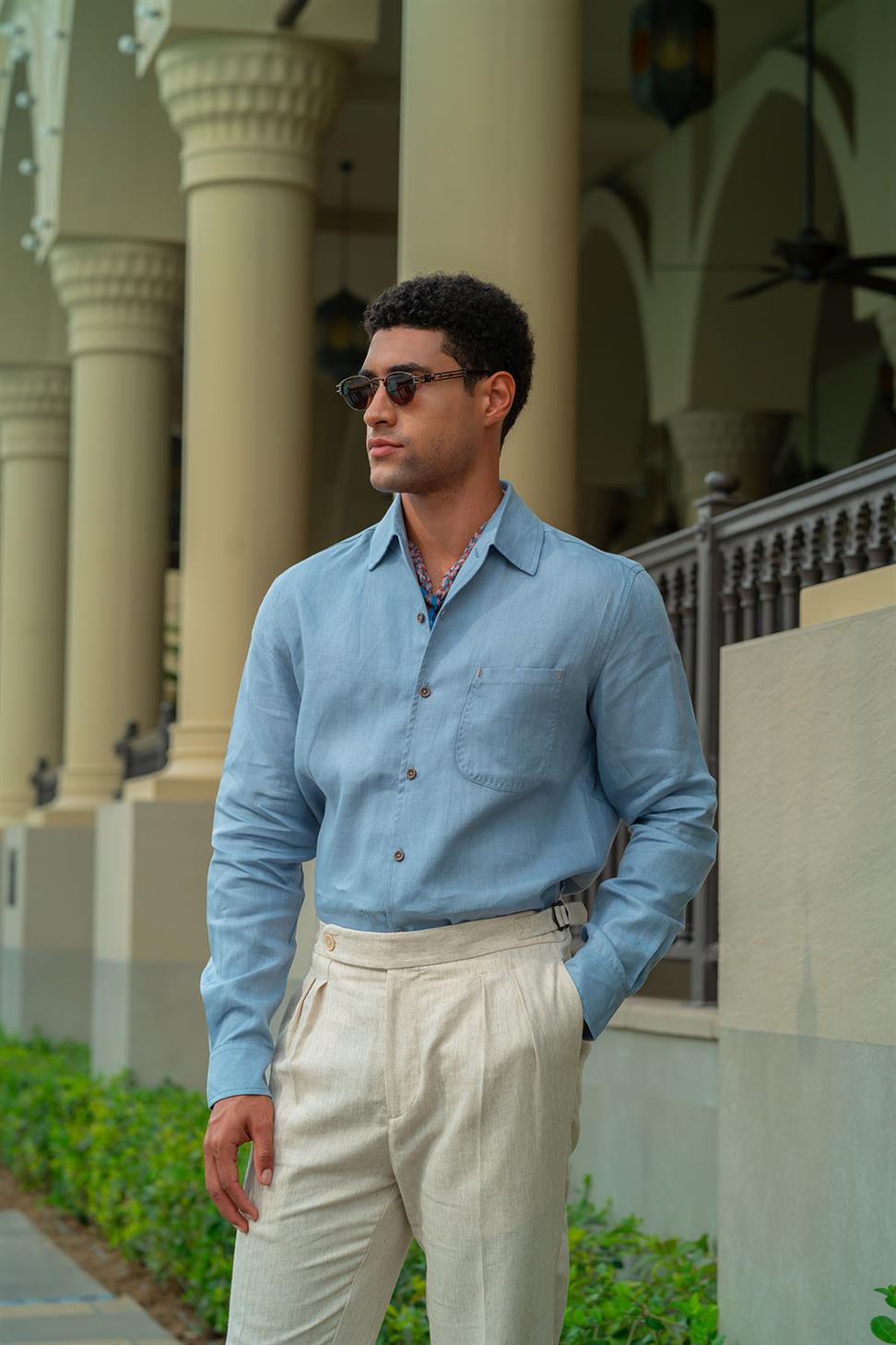 قميص رجالي بأكمام طويلة من الكتان بنسبة 100%