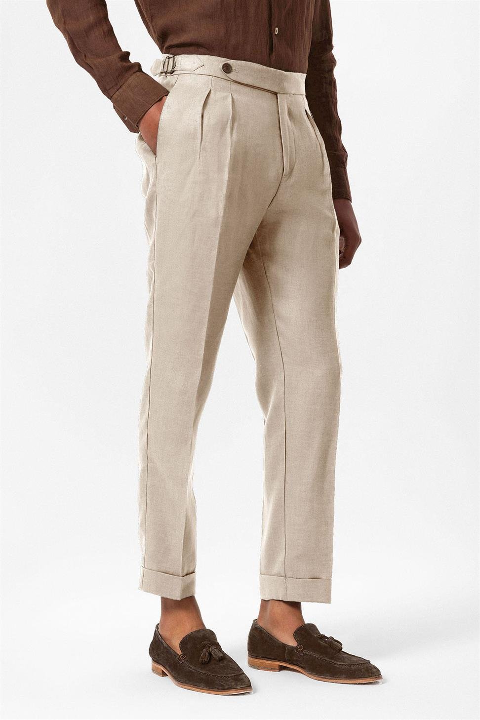 بنطلون رجالي عالي الخصر مطوي من الكتان بنسبة 100%