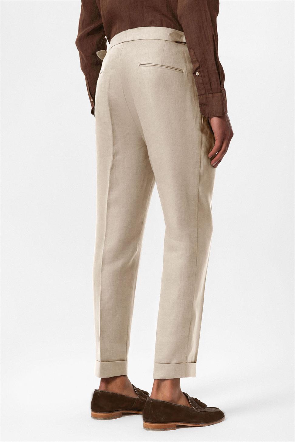 بنطلون رجالي عالي الخصر مطوي من الكتان بنسبة 100%