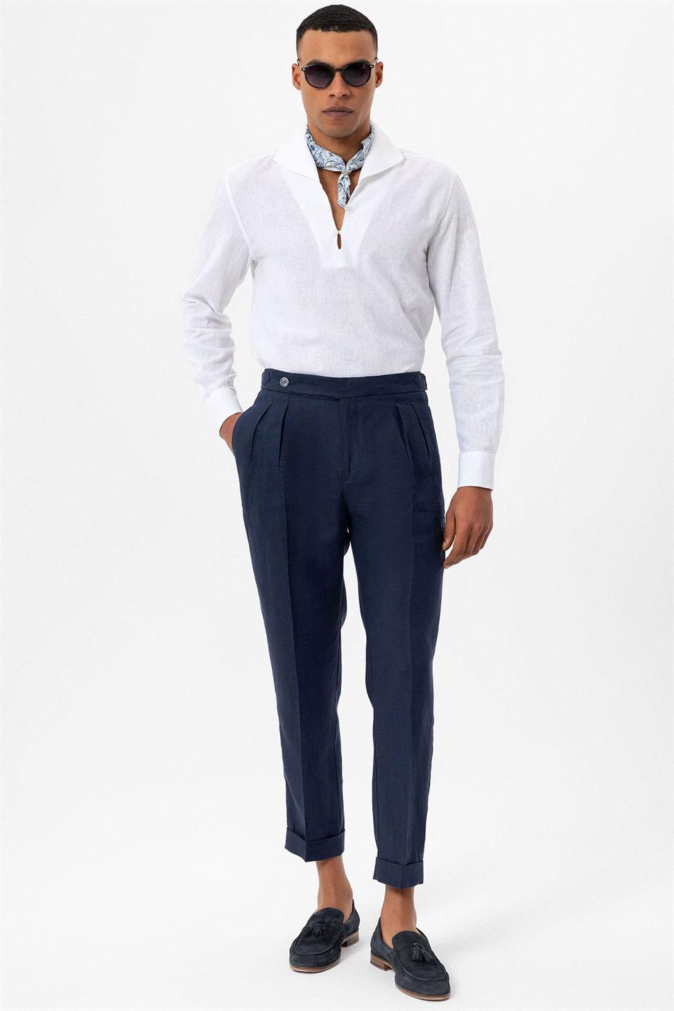 بنطلون رجالي عالي الخصر مطوي من الكتان بنسبة 100%