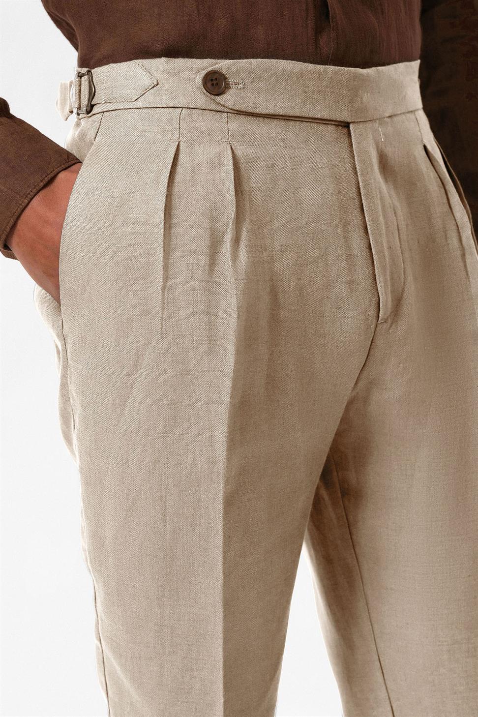 بنطلون رجالي عالي الخصر مطوي من الكتان بنسبة 100%