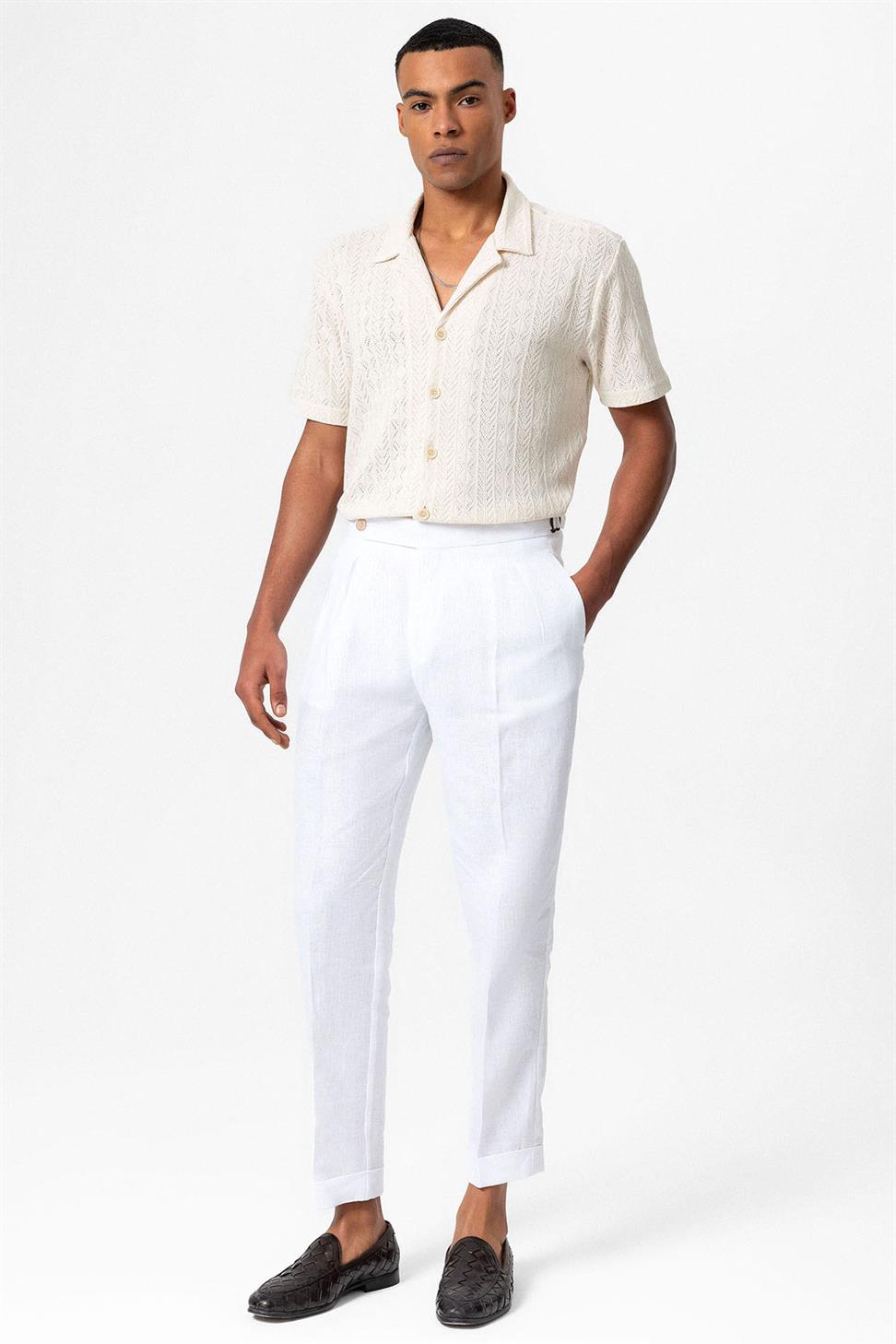 بنطلون رجالي عالي الخصر مطوي من الكتان بنسبة 100%