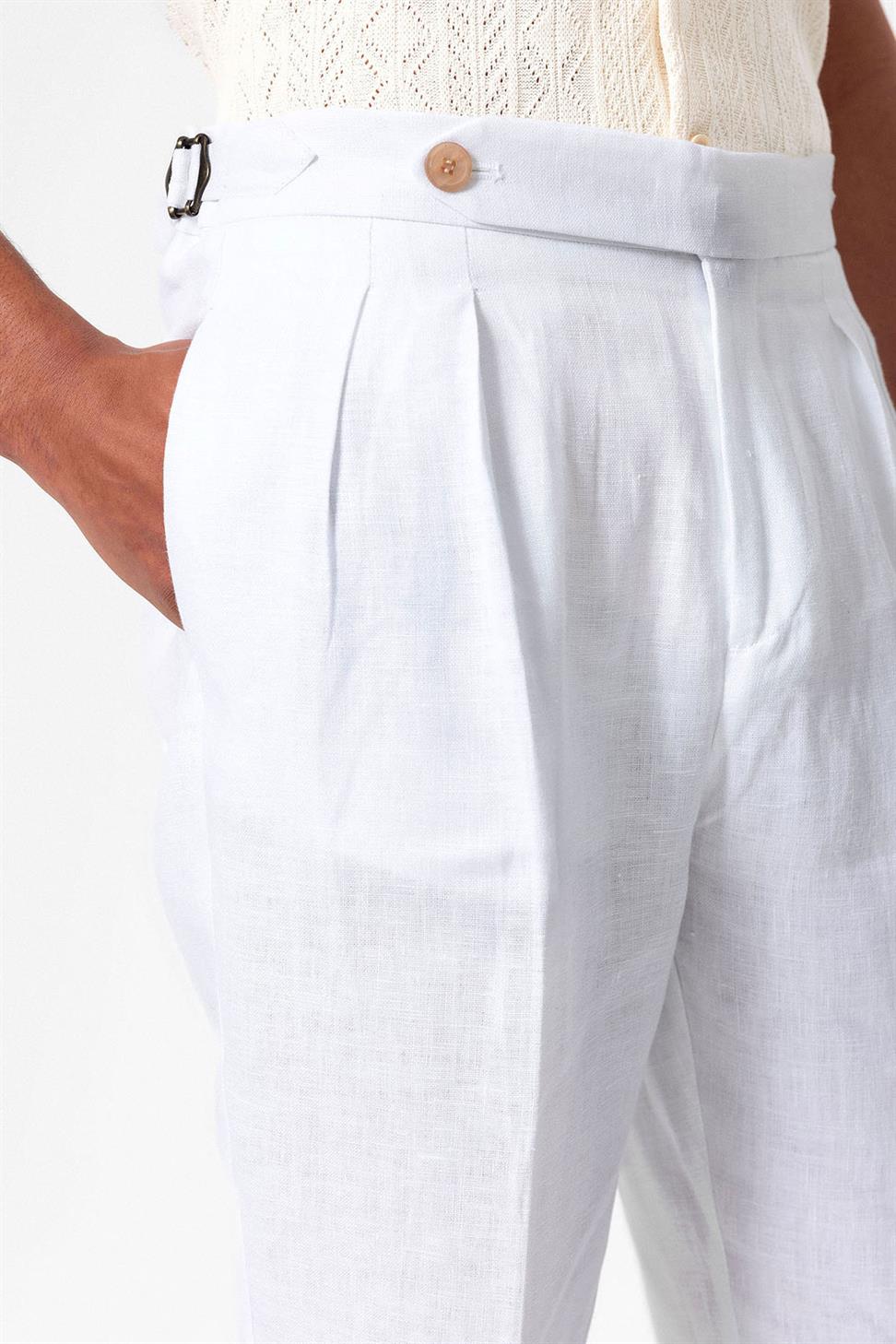 بنطلون رجالي عالي الخصر مطوي من الكتان بنسبة 100%