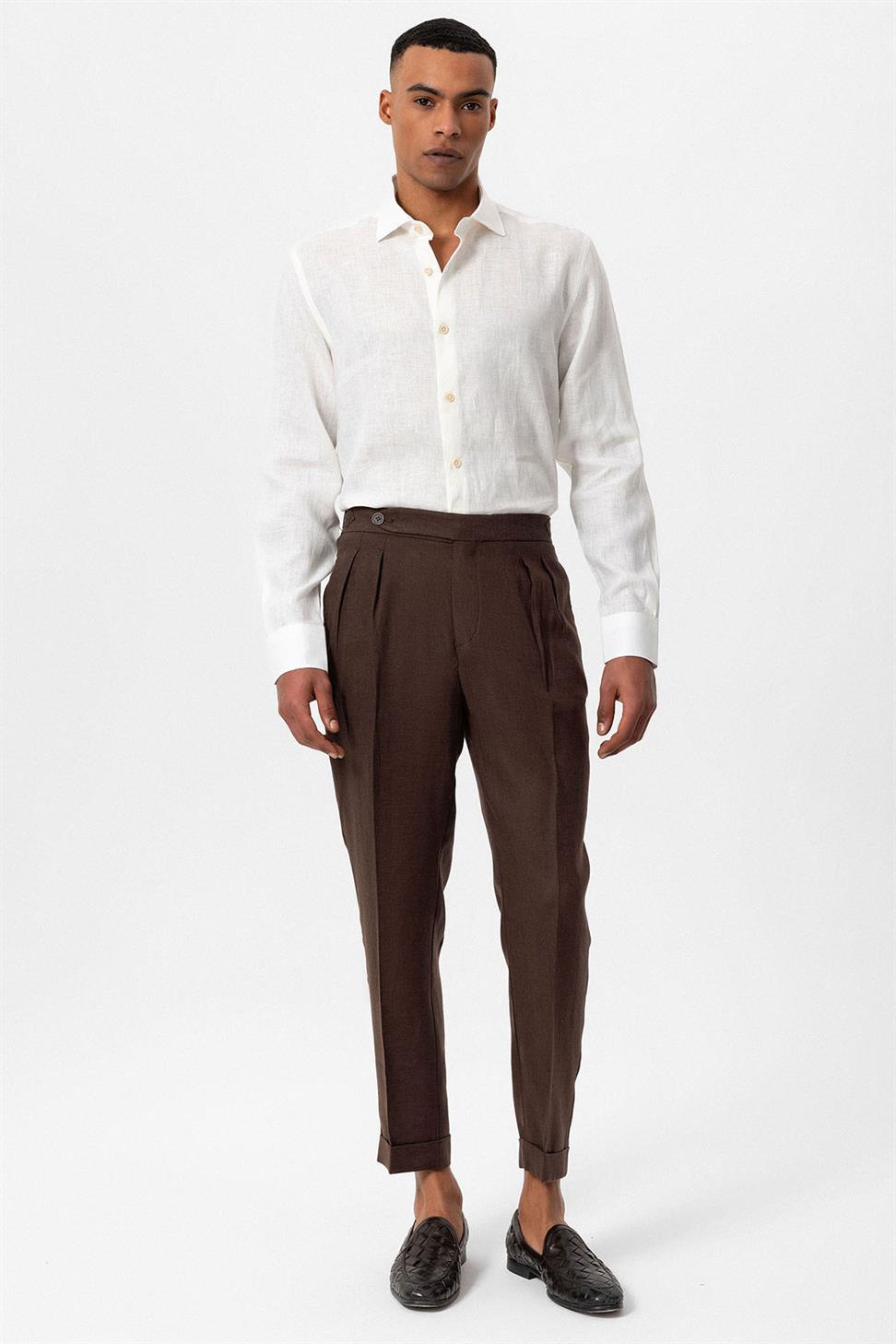 بنطلون رجالي عالي الخصر مطوي من الكتان بنسبة 100%