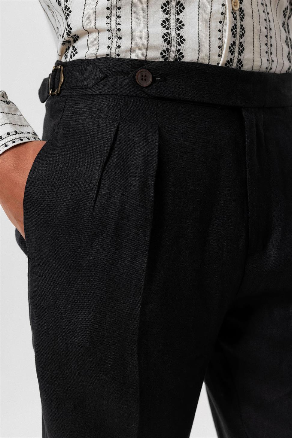 بنطلون رجالي عالي الخصر مطوي من الكتان بنسبة 100%