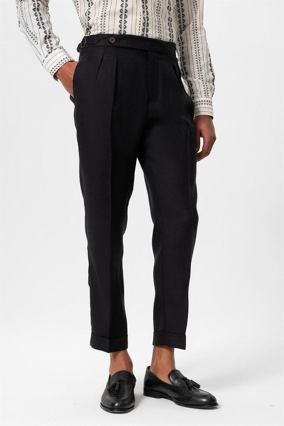 بنطلون رجالي عالي الخصر مطوي من الكتان بنسبة 100%