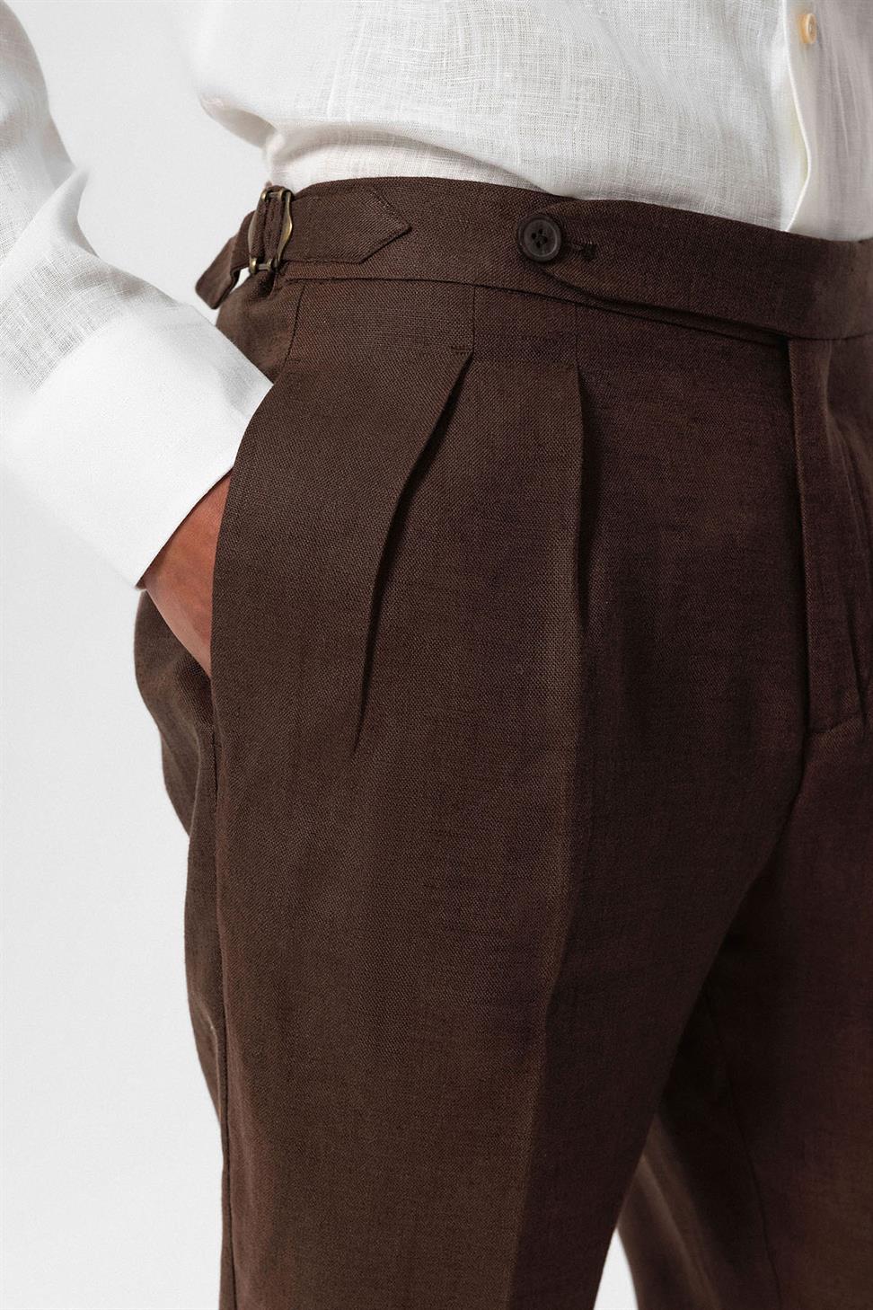 بنطلون رجالي عالي الخصر مطوي من الكتان بنسبة 100%