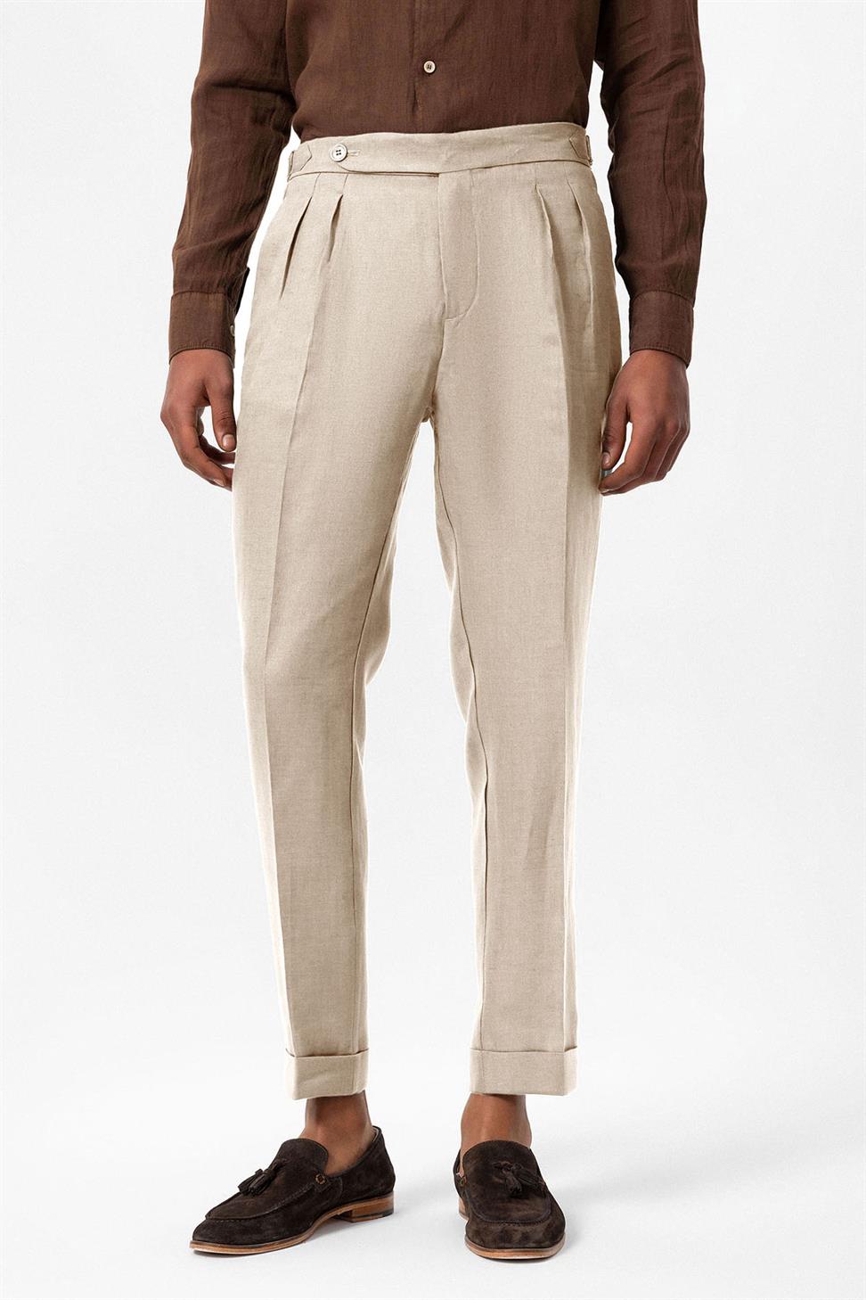 بنطلون رجالي عالي الخصر مطوي من الكتان بنسبة 100%
