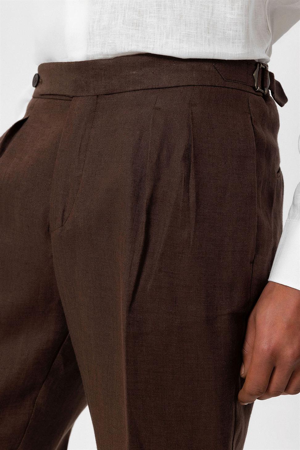 بنطلون رجالي عالي الخصر مطوي من الكتان بنسبة 100%