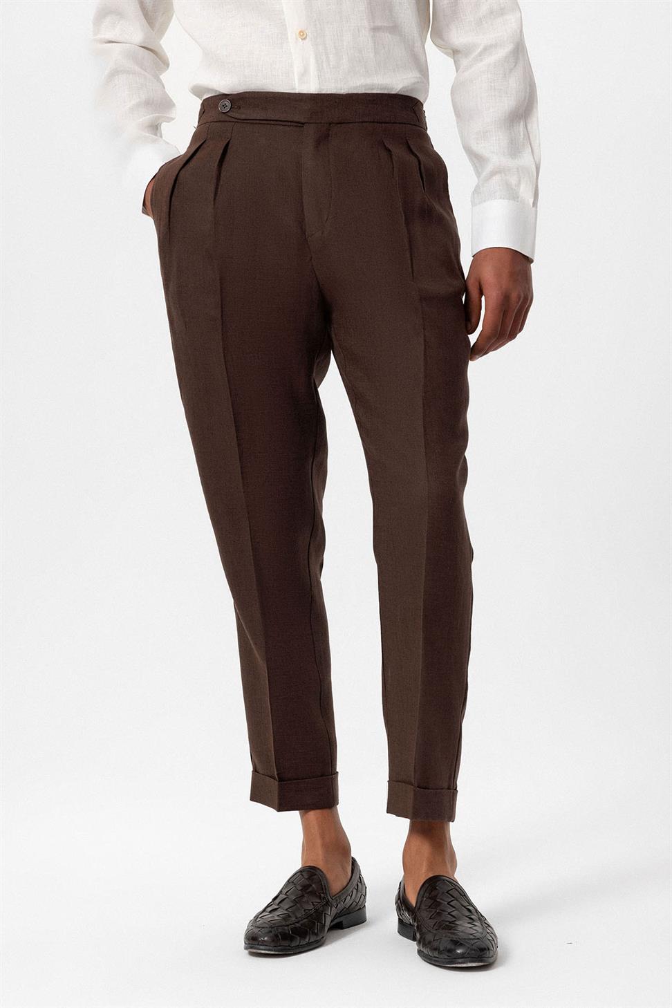 بنطلون رجالي عالي الخصر مطوي من الكتان بنسبة 100%