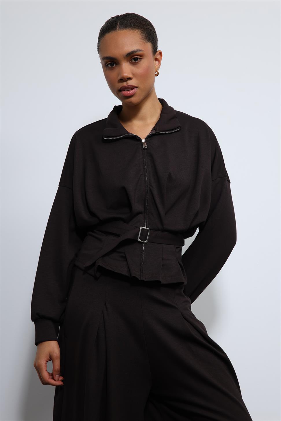 Antioch Acı Kahve Bel Kemerli Geniş Paça Pantolonlu Takım