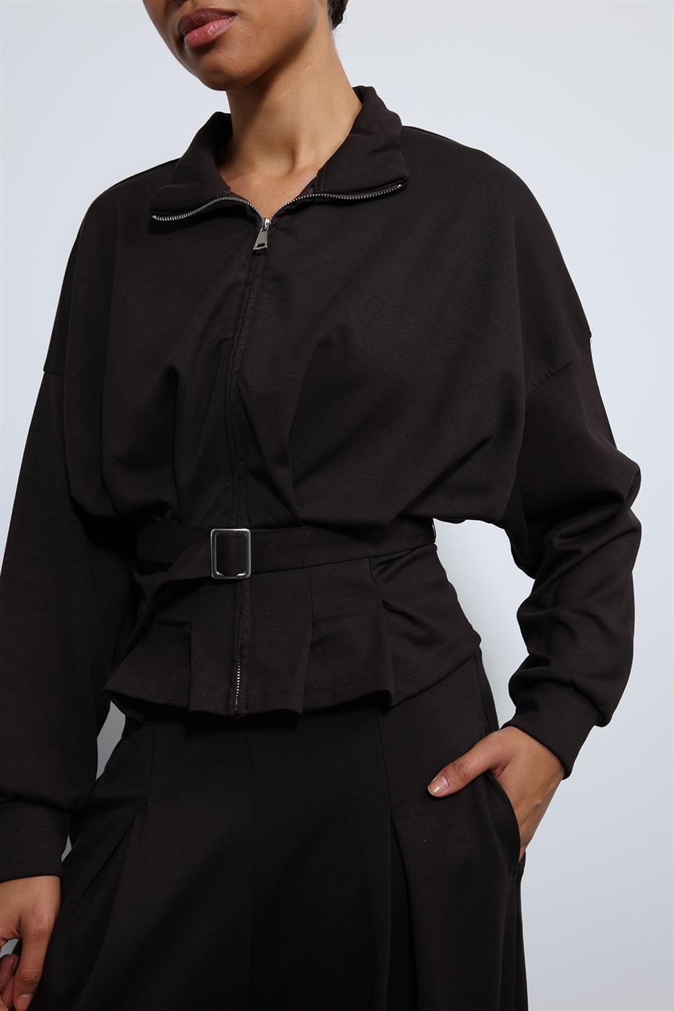 Antioch Acı Kahve Bel Kemerli Geniş Paça Pantolonlu Takım