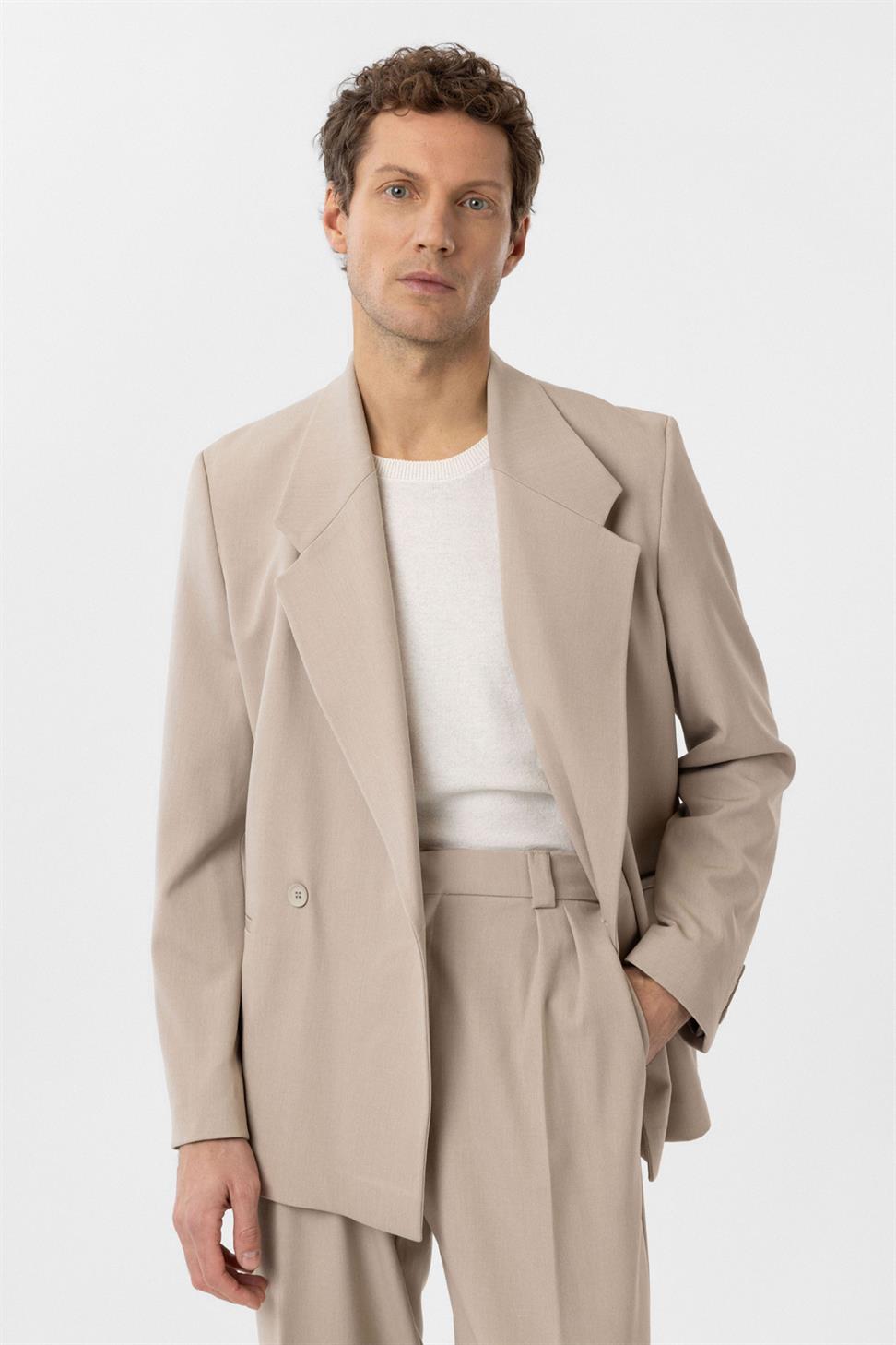 Antioch Açık Bej Kruvaze Kapama Fleto Cepli Erkek Blazer Ceket