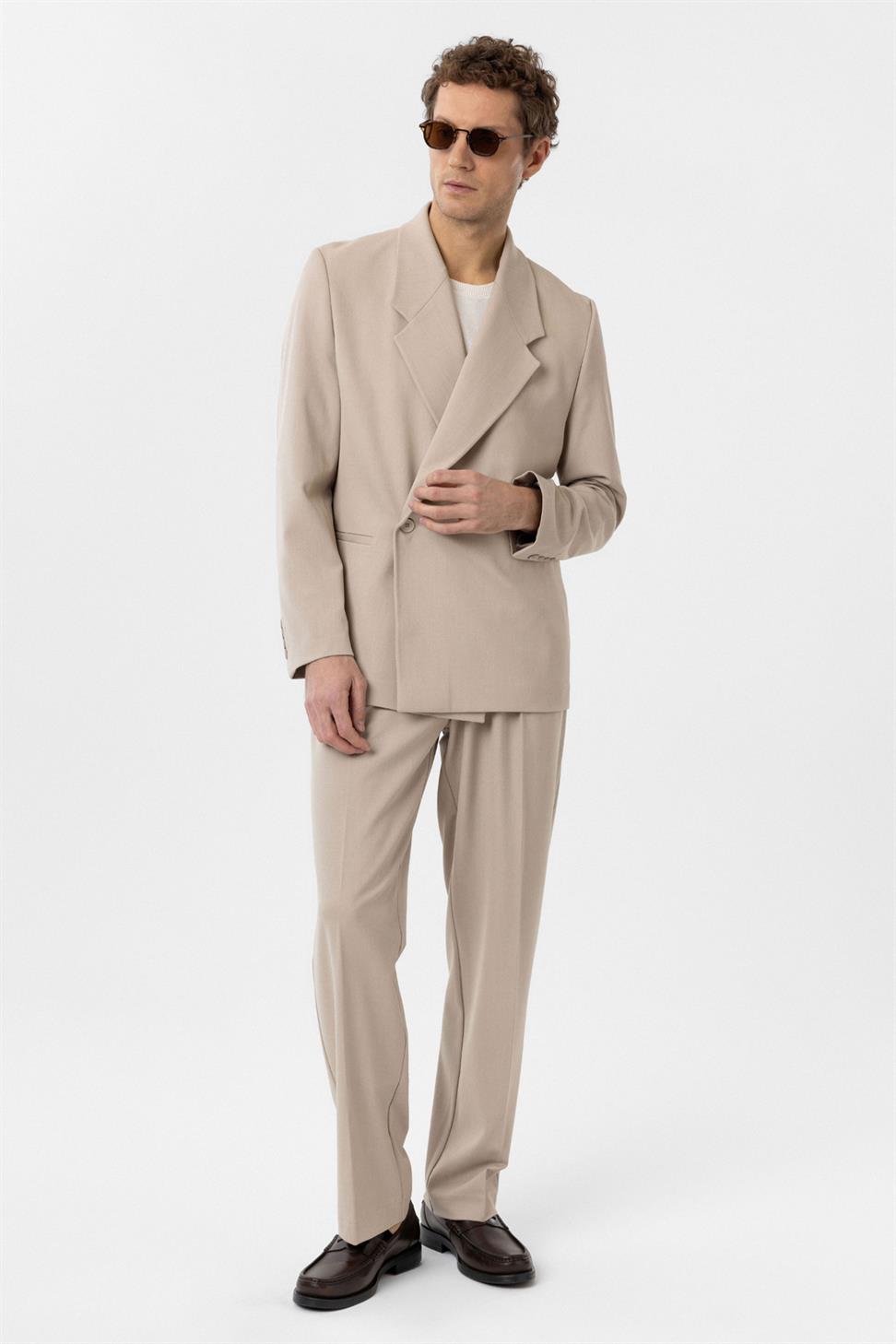 Antioch Açık Bej Kruvaze Kapama Fleto Cepli Erkek Blazer Ceket