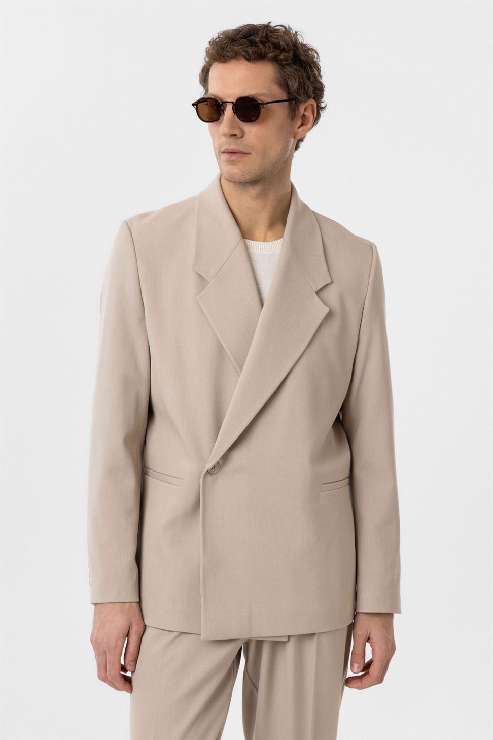 Antioch Açık Bej Kruvaze Kapama Fleto Cepli Erkek Blazer Ceket