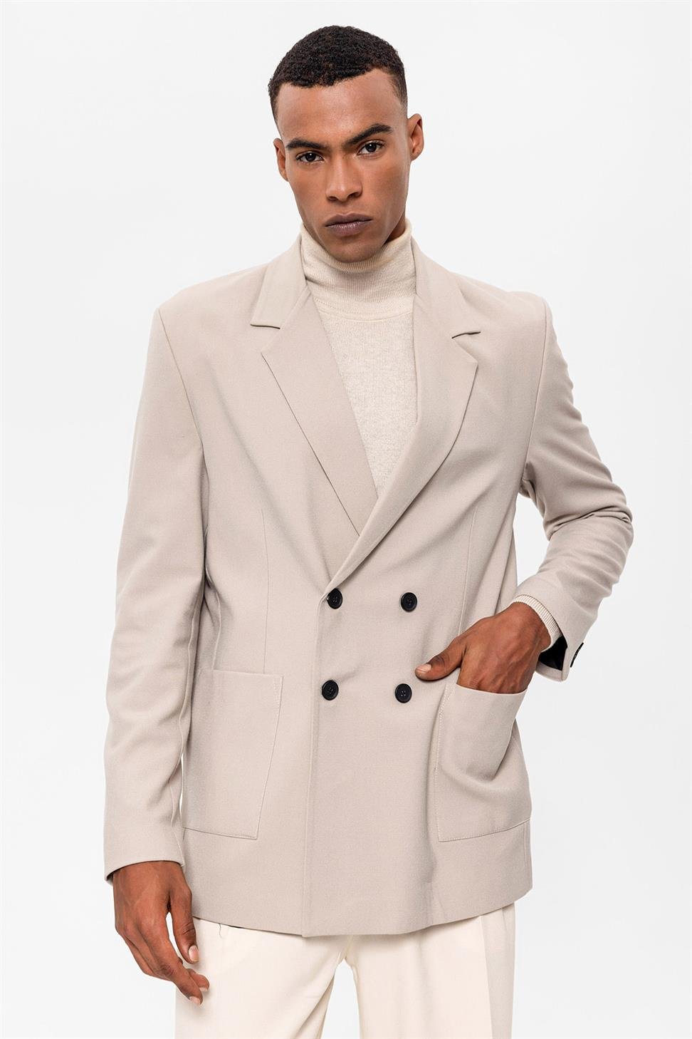 Antioch Açık Bej Torba Cepli Kruvaze Erkek Blazer Ceket