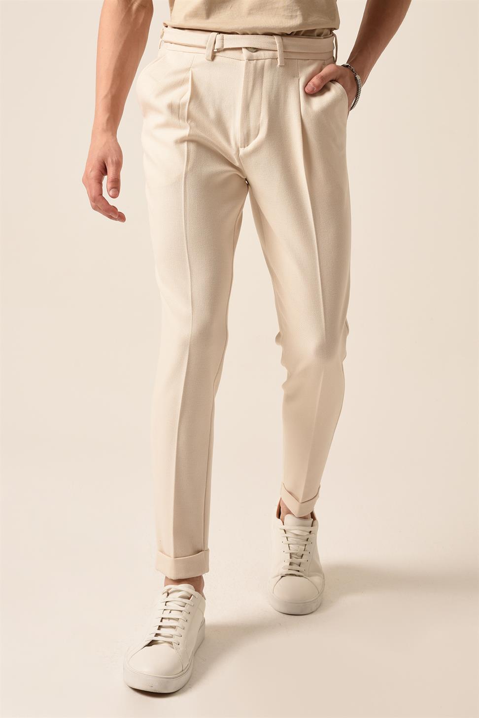 Antioch Açık Bej Yüksek Bel Kemerli Pileli Pantolon