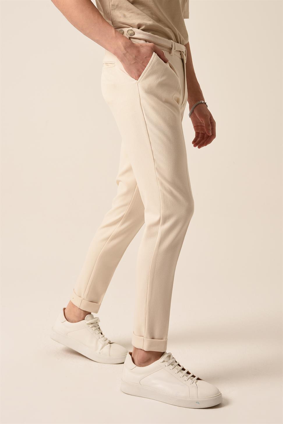 Antioch Açık Bej Yüksek Bel Kemerli Pileli Pantolon