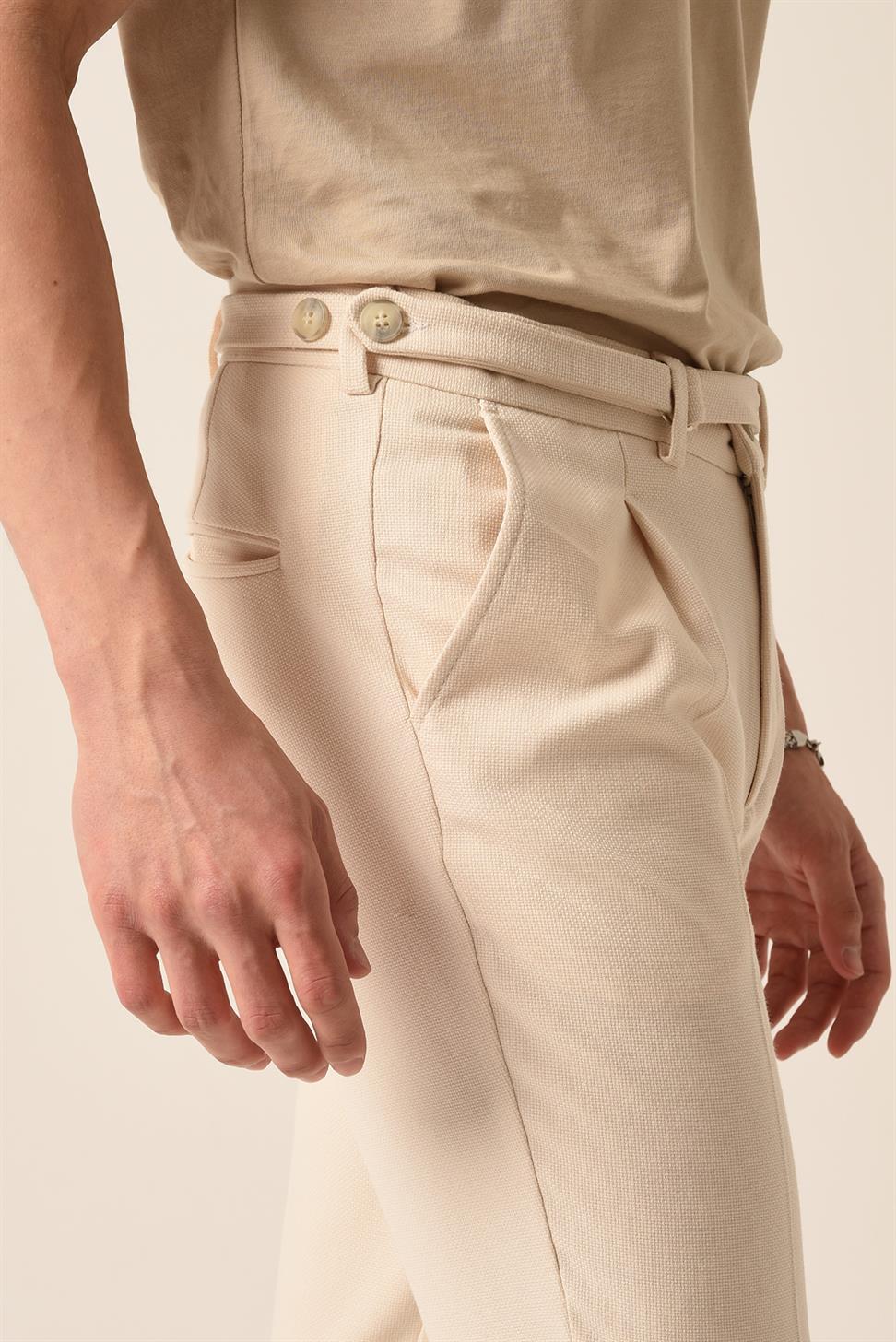 Antioch Açık Bej Yüksek Bel Kemerli Pileli Pantolon