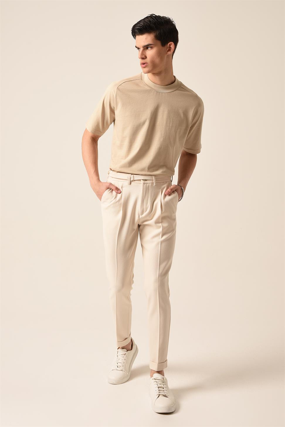 Antioch Açık Bej Yüksek Bel Kemerli Pileli Pantolon