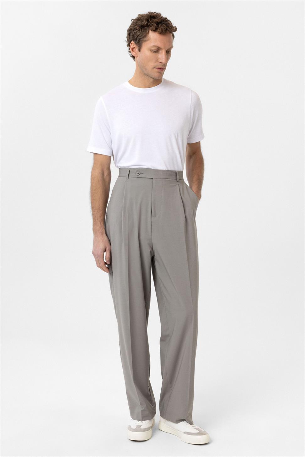 Antioch Açık Gri Baggy Yüksek Bel Erkek Kumaş Pantolon