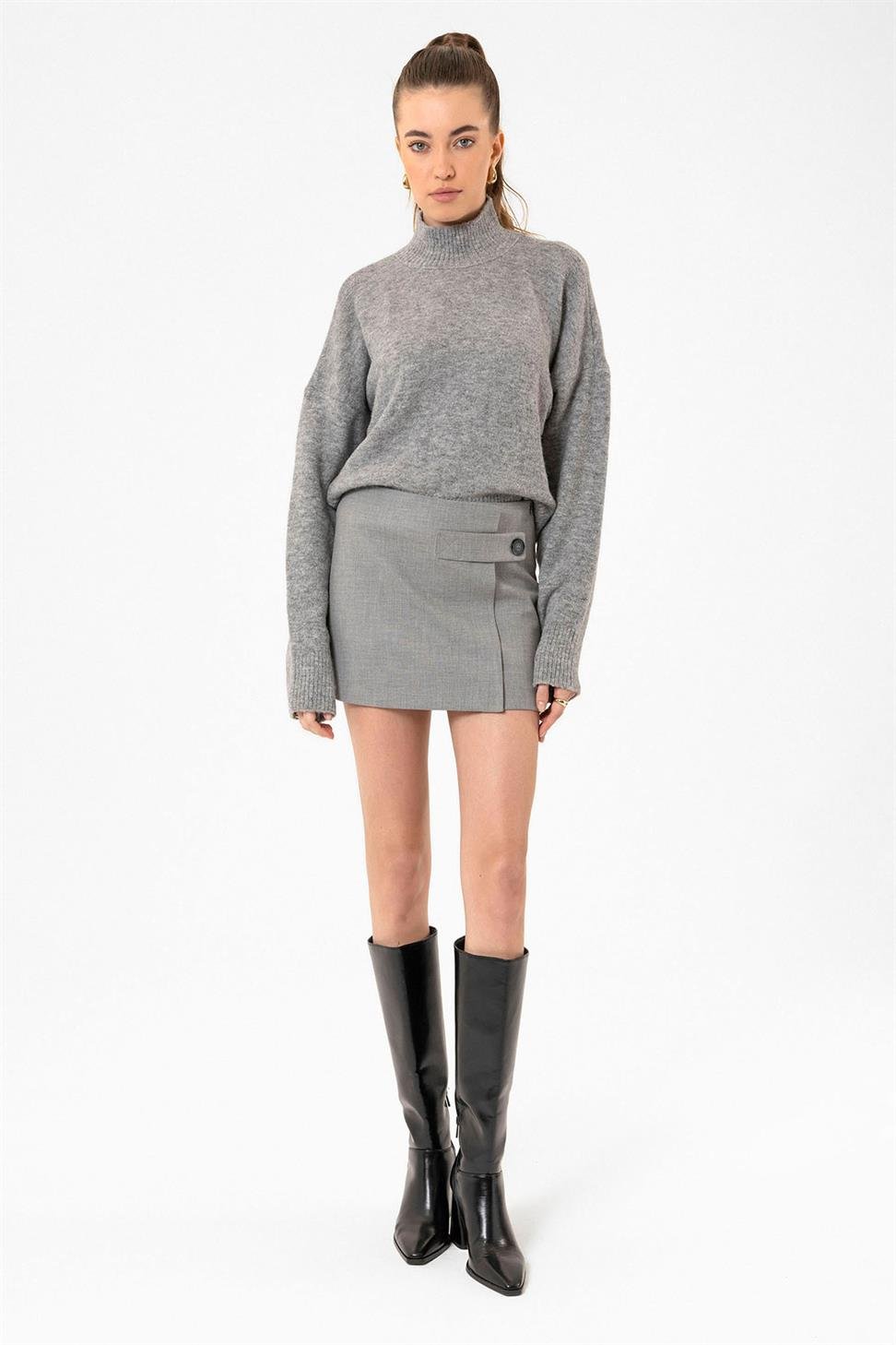 Antioch Açık Gri Kadın Düğme Detaylı Mini Etek