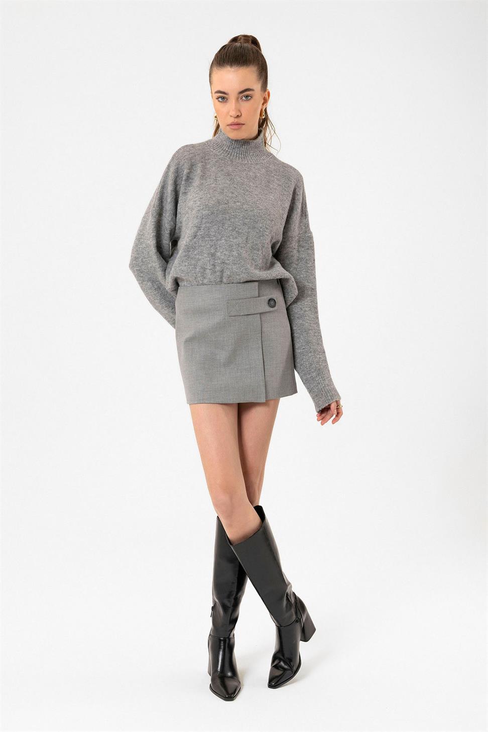 Antioch Açık Gri Kadın Düğme Detaylı Mini Etek