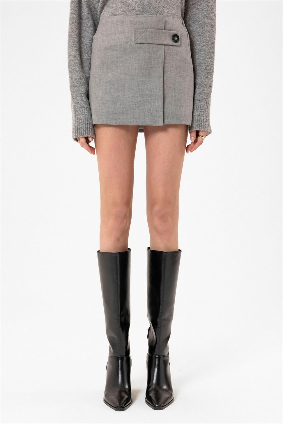 Antioch Açık Gri Kadın Düğme Detaylı Mini Etek