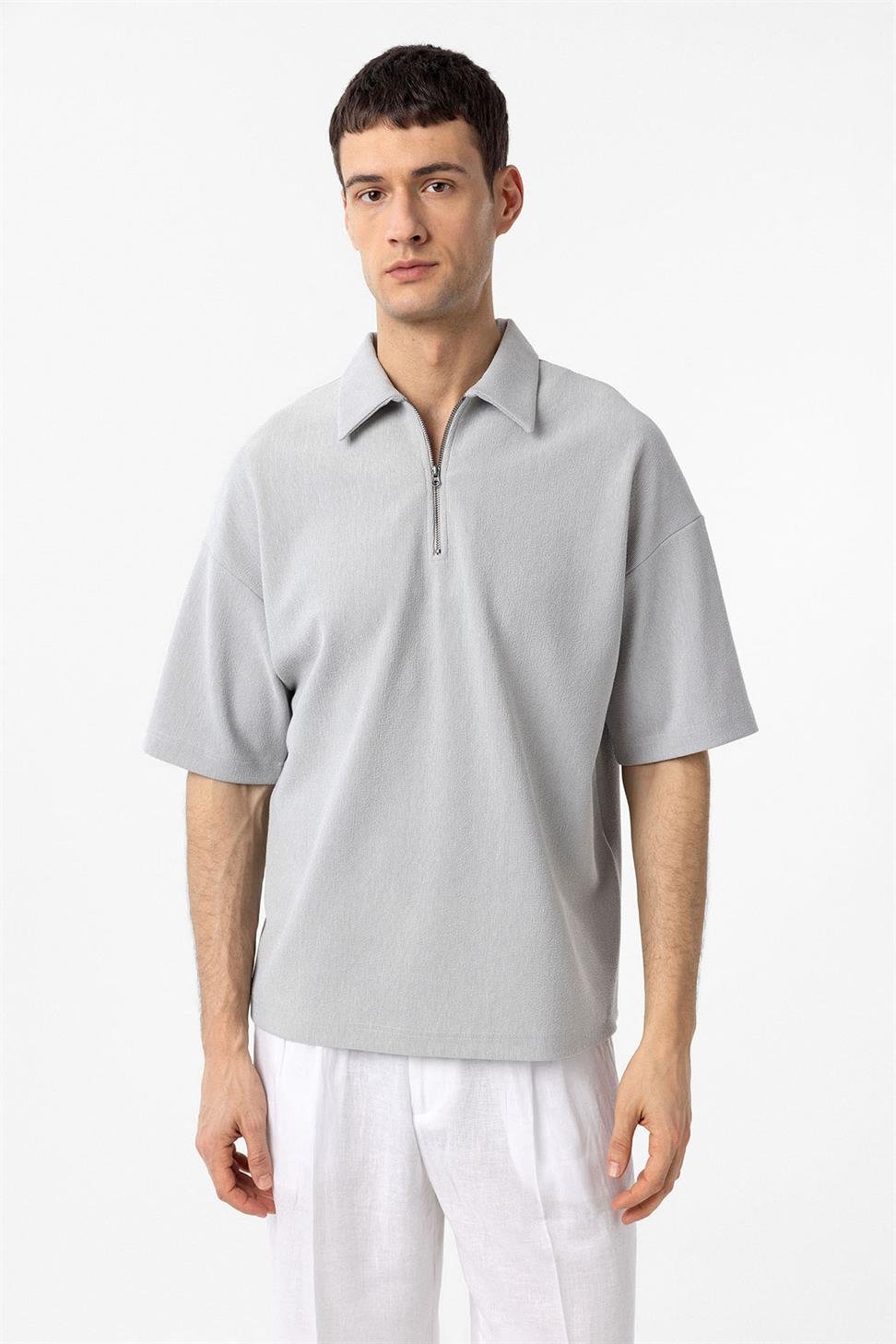 Antioch Açık Gri Relax Fit Fermuarlı Polo Yaka Erkek T-Shirt