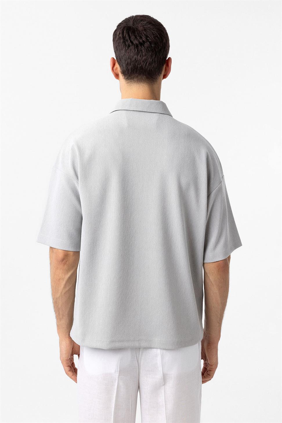 Antioch Açık Gri Relax Fit Fermuarlı Polo Yaka Erkek T-Shirt