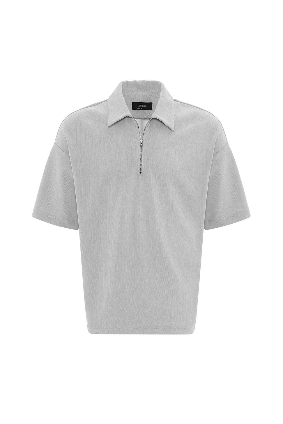 Antioch Açık Gri Relax Fit Fermuarlı Polo Yaka Erkek T-Shirt
