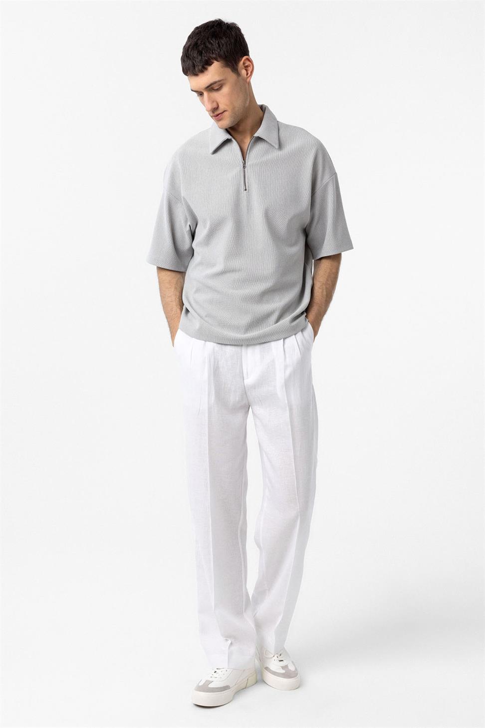 Antioch Açık Gri Relax Fit Fermuarlı Polo Yaka Erkek T-Shirt