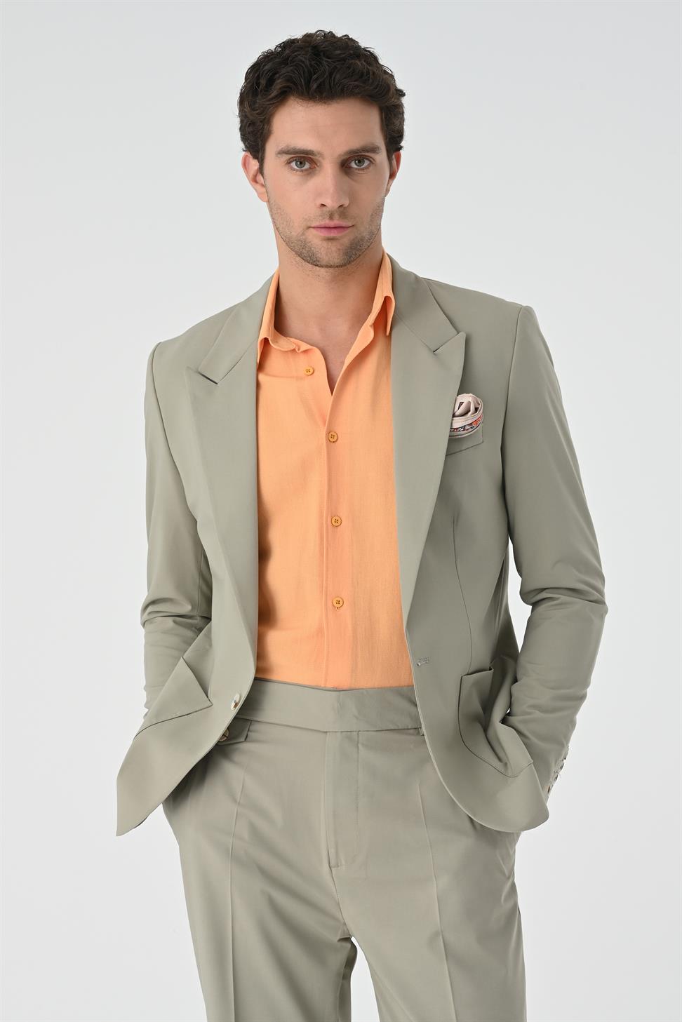 Antioch Açık Haki Torba Cepli Tek Düğme Erkek Ceket