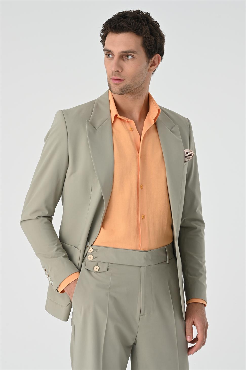 Antioch Açık Haki Torba Cepli Tek Düğme Erkek Ceket