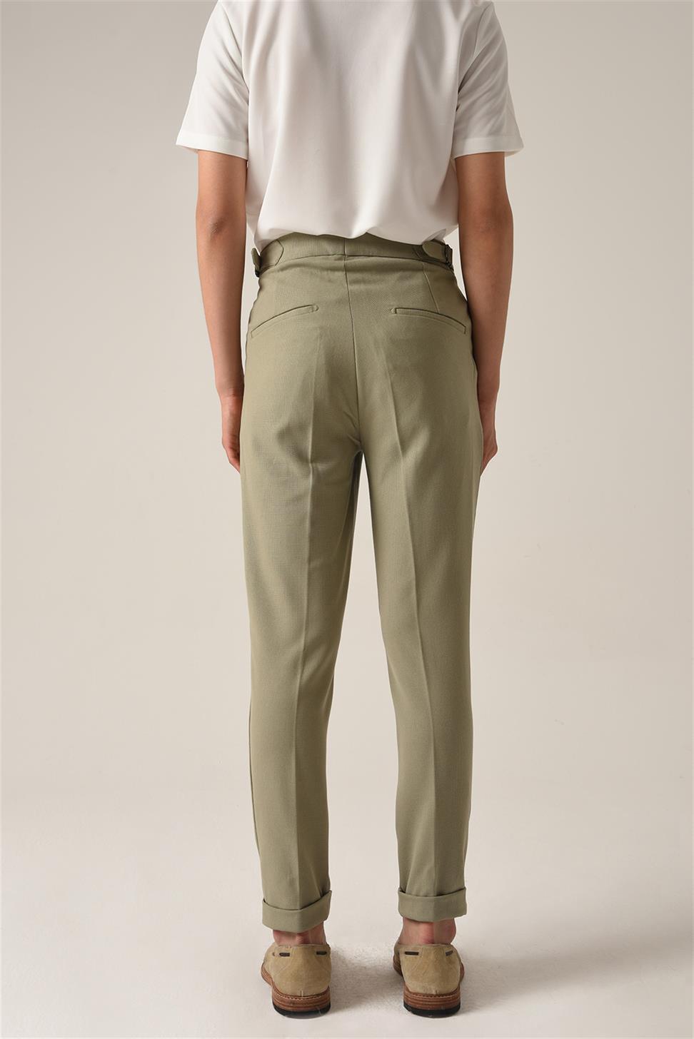 Antioch Açık Haki Yüksek Bel (Boyfriend) Yandan Tokalı Kemer Detaylı Pileli Kumaş Pantolon